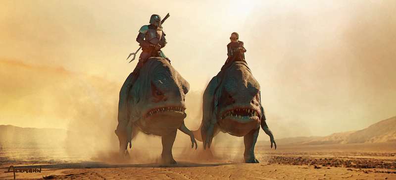 The Mandalorian and Kuiil atop a pair of Blurrgs.